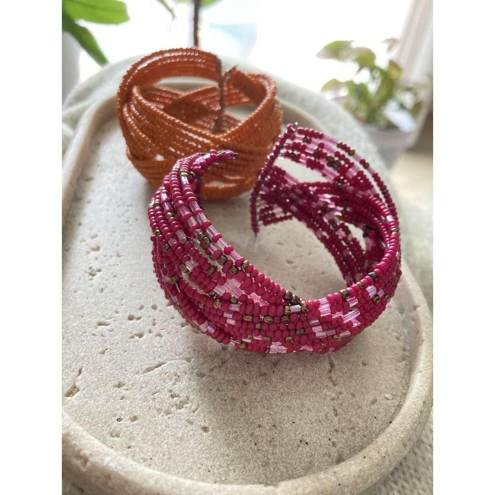 Boho Seed Bead Memory Wire Bracelet Set 2 Pink Orange Wrap Cuff Stack Jewelry
